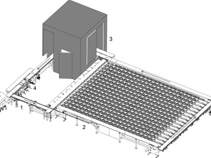 500 Plant Automated Conveyor System with Multi-Purpose Imaging Cabin: 1- This section of the conveyor is counter-balanced and simply lifts up, manually, for easy walk-though access to the imaging area and watering module. 2- Plant growth and conveyance area. 3- Imaging station. 4- Watering and weigh station.